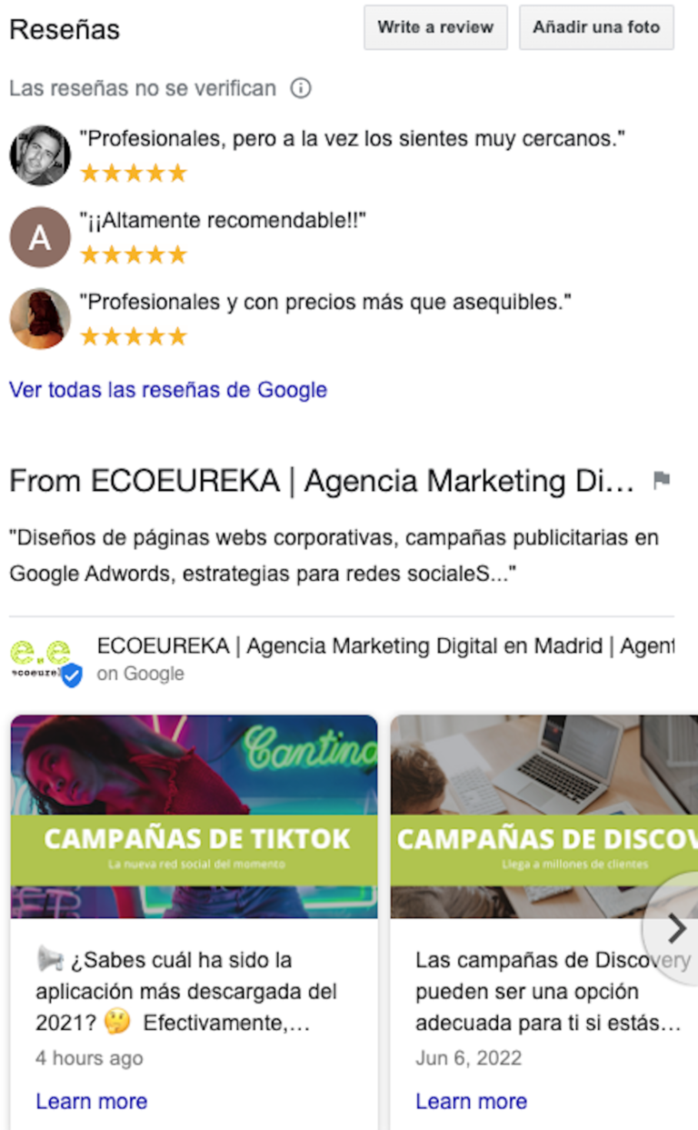 Reseñas de google - Ecoeureka